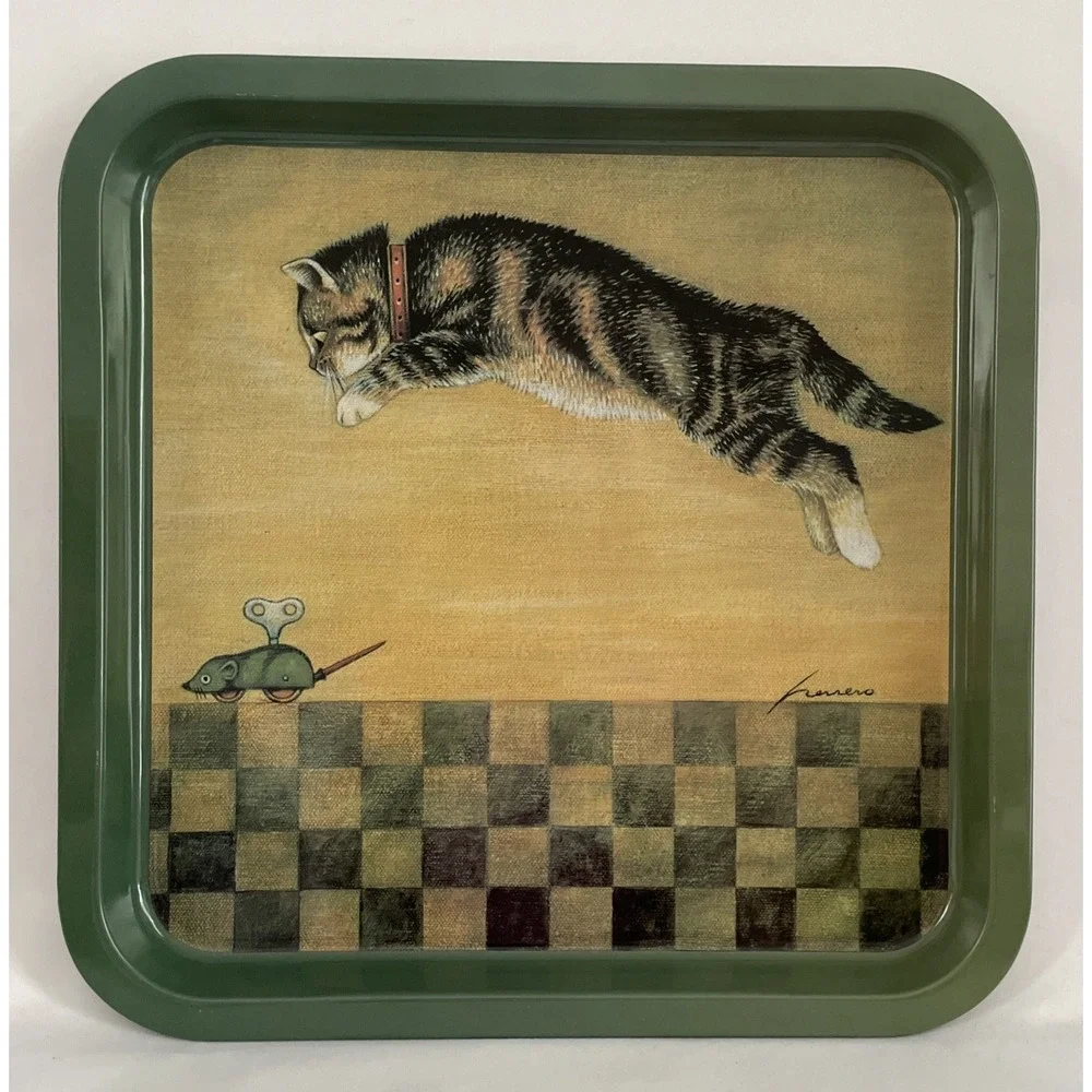 Vintage 1984 Lowell Herrera for Vander Metal Tray Cat Chasing Mouse Retro Cats